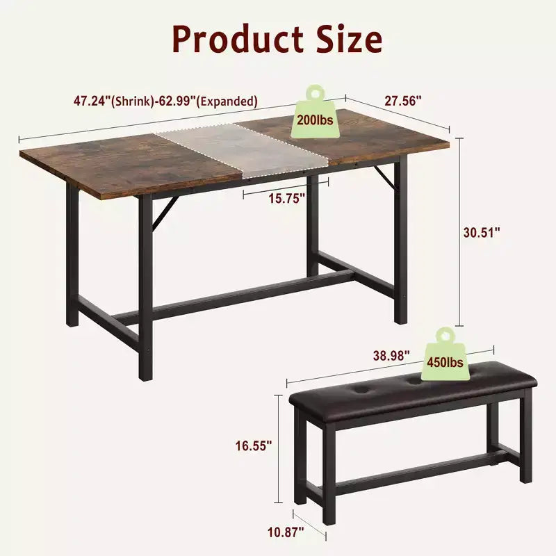 Ensemble de table à manger extensible Garvee pour 4-6 personnes, grande table rectangulaire avec 2 bancs rembourrés, ensemble de table de cuisine extensible pour appartement, petit espace