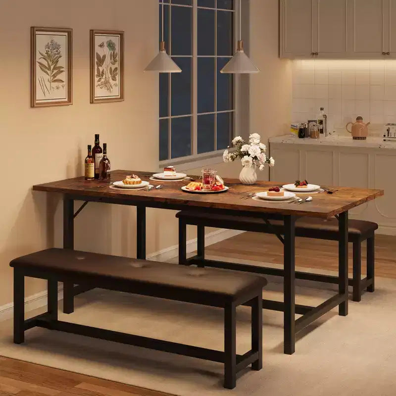 Garvee Extendable Dining Table Set for 4-6, Large Rectangle Table with 2 Upholstered Benches, Extendable Kitchen Table Set for Apartment, Small Space