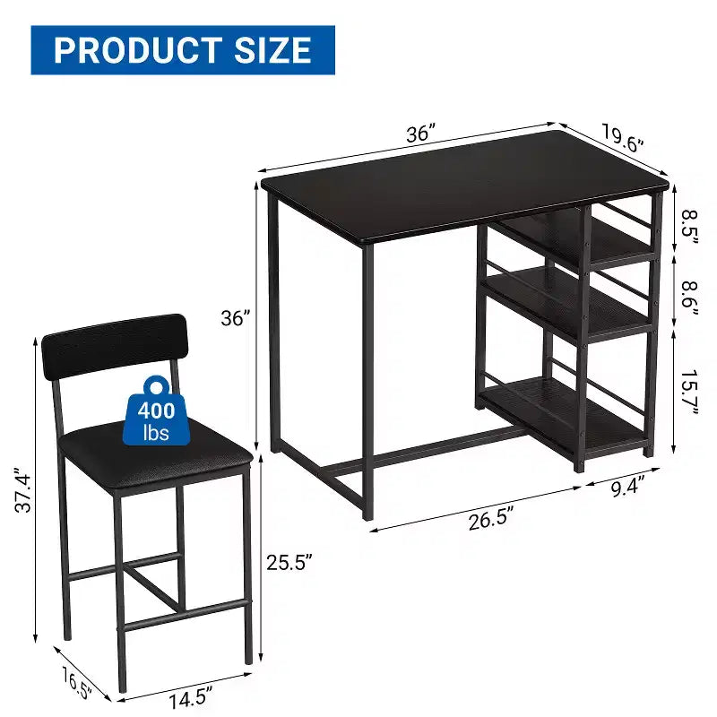 Table de cuisine hauteur comptoir avec 2 tabourets de bar rembourrés, ensemble table et chaises de salle à manger en bois pour 2 avec étagères de rangement, pour petits espaces, appartement