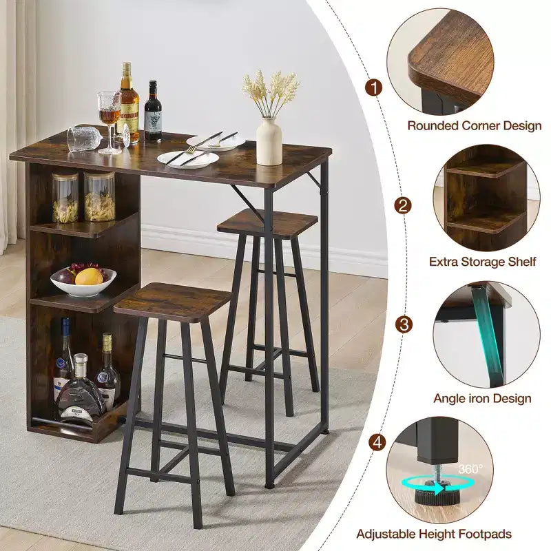 Ensemble de table de bar 3 pièces Fulvari pour 2 personnes, table de salle à manger de cuisine avec 2 tabourets, ensemble table et chaises de bar hauteur comptoir, ensemble table de pub pour la cuisine