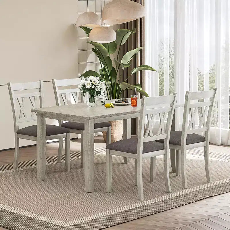 Ensemble de salle à manger style ferme VECELO, table en bois d'hévéa avec 4/6 chaises de salle à manger rembourrées, gris