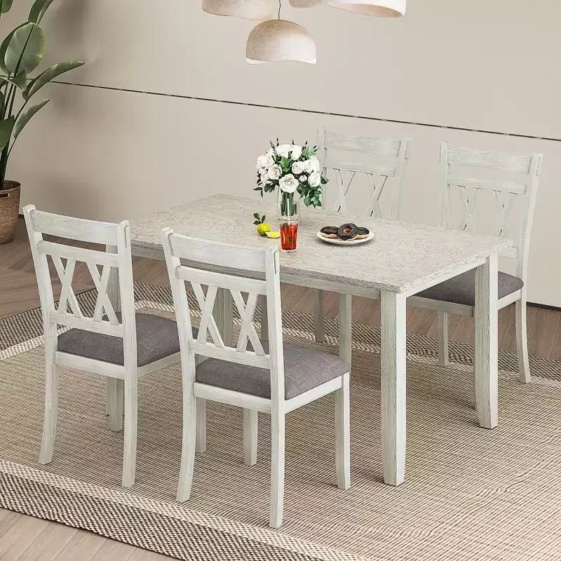 Ensemble de salle à manger style ferme VECELO, table en bois d'hévéa avec 4/6 chaises de salle à manger rembourrées, gris