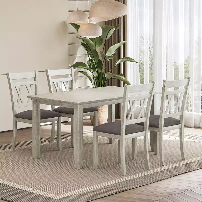 Ensemble de salle à manger style ferme VECELO, table en bois d'hévéa avec 4/6 chaises de salle à manger rembourrées, gris
