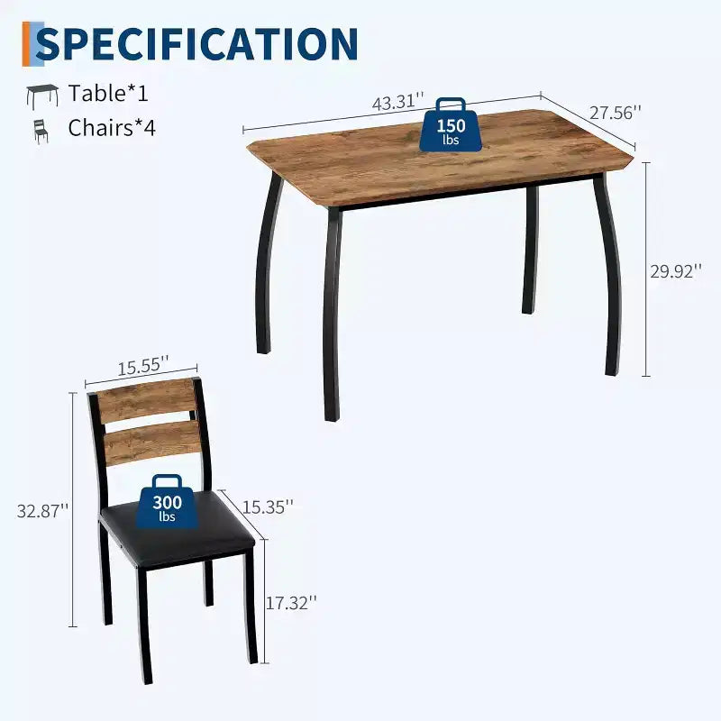 Ensemble table à manger 5 pièces pour 4 personnes, table de cuisine moderne et 4 chaises, cadre métallique peu encombrant, pour petit appartement, salle à manger