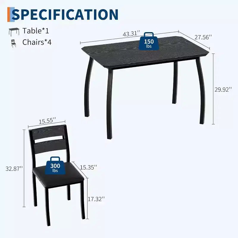 Ensemble table à manger 5 pièces pour 4 personnes, table de cuisine moderne et 4 chaises, cadre métallique peu encombrant, pour petit appartement, salle à manger