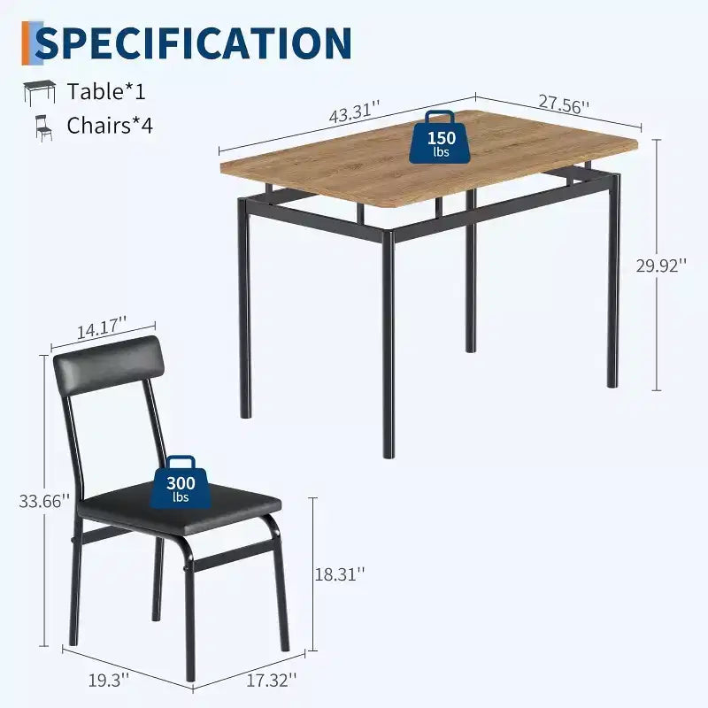 Ensemble de table à manger 5 pièces, table de cuisine en bois marron avec 4 chaises rembourrées en PU, dinette à cadre métallique peu encombrant, pour salle à manger