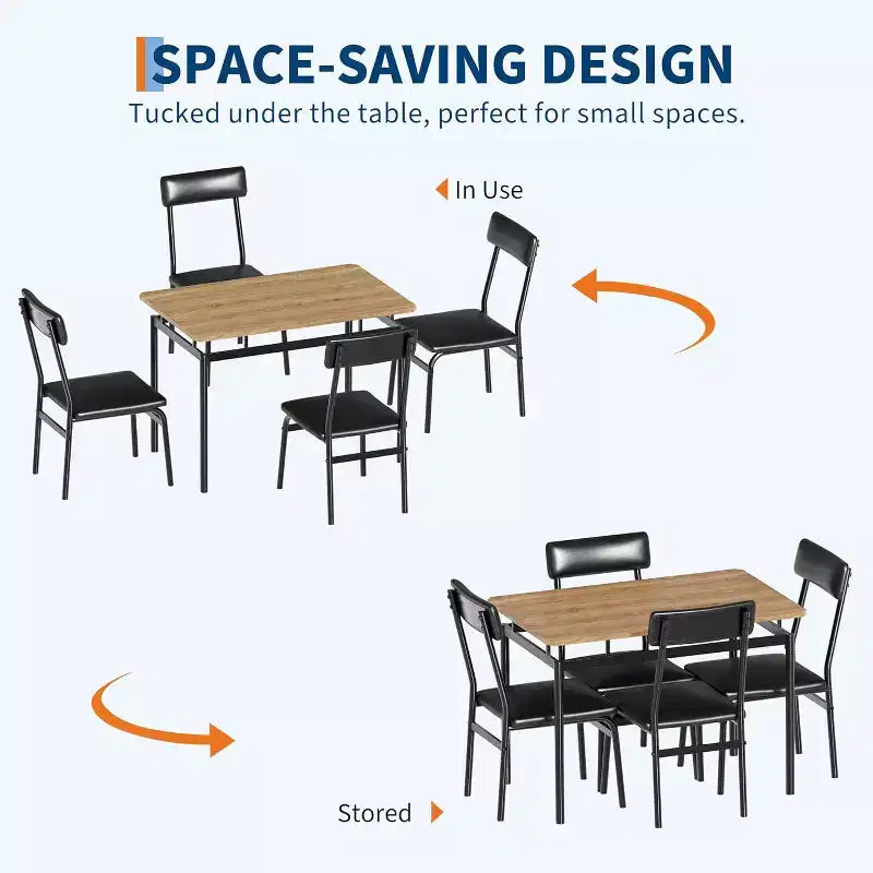 Ensemble de table à manger 5 pièces, table de cuisine en bois marron avec 4 chaises rembourrées en PU, dinette à cadre métallique peu encombrant, pour salle à manger