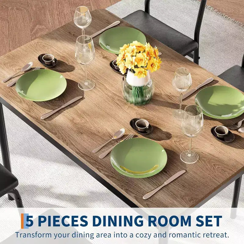 Ensemble de table à manger 5 pièces, table de cuisine en bois marron avec 4 chaises rembourrées en PU, dinette à cadre métallique peu encombrant, pour salle à manger