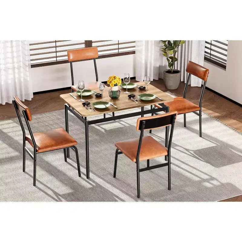Ensemble de table à manger 5 pièces, table de cuisine en bois marron avec 4 chaises rembourrées en PU, dinette à cadre métallique peu encombrant, pour salle à manger