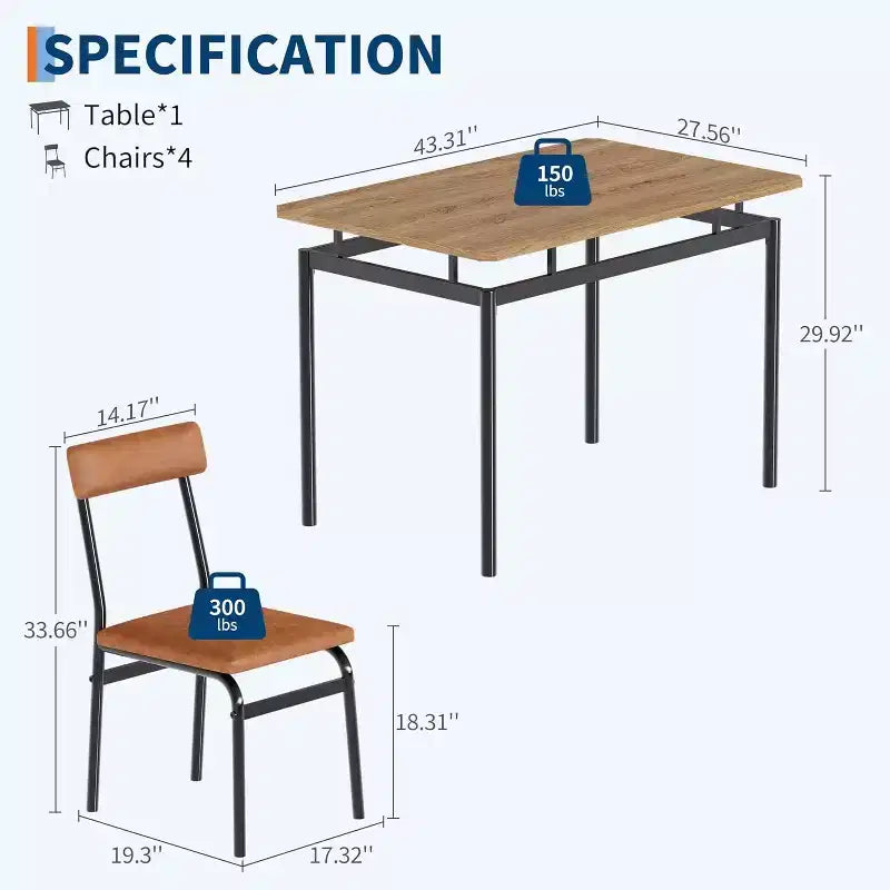 Ensemble de table à manger 5 pièces, table de cuisine en bois marron avec 4 chaises rembourrées en PU, dinette à cadre métallique peu encombrant, pour salle à manger