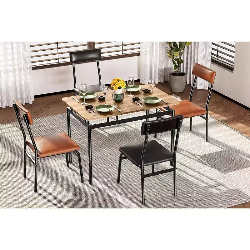 Ensemble de table à manger 5 pièces, table de cuisine en bois marron avec 4 chaises rembourrées en PU, dinette à cadre métallique peu encombrant, pour salle à manger