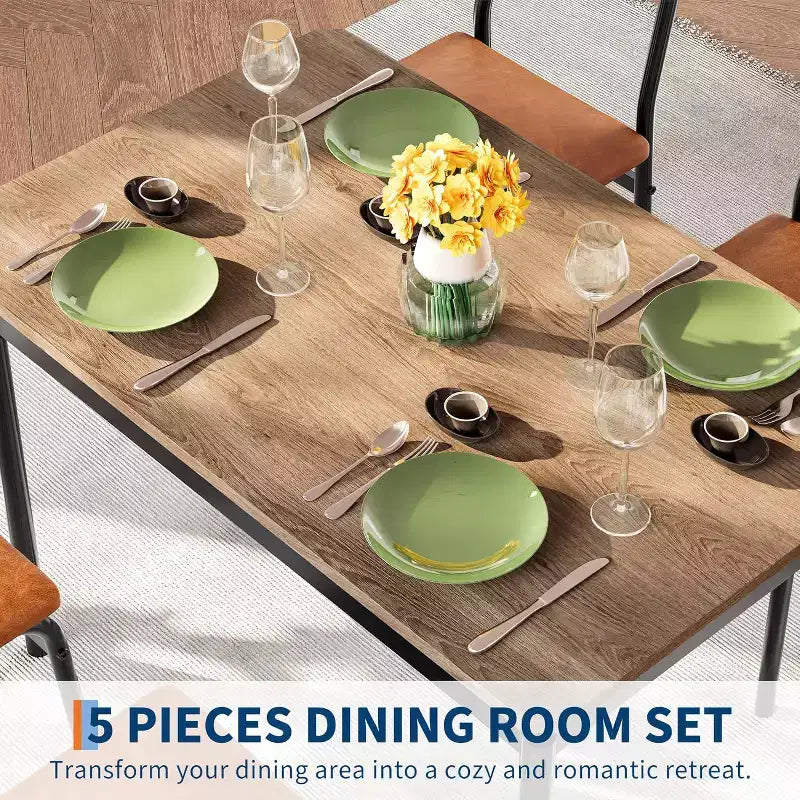 Ensemble de table à manger 5 pièces, table de cuisine en bois marron avec 4 chaises rembourrées en PU, dinette à cadre métallique peu encombrant, pour salle à manger