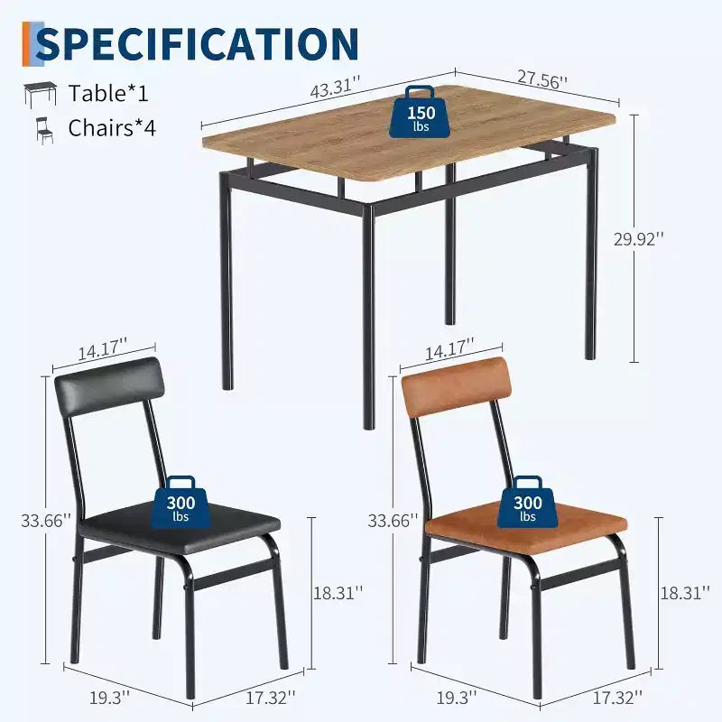 Ensemble de table à manger 5 pièces, table de cuisine en bois marron avec 4 chaises rembourrées en PU, dinette à cadre métallique peu encombrant, pour salle à manger