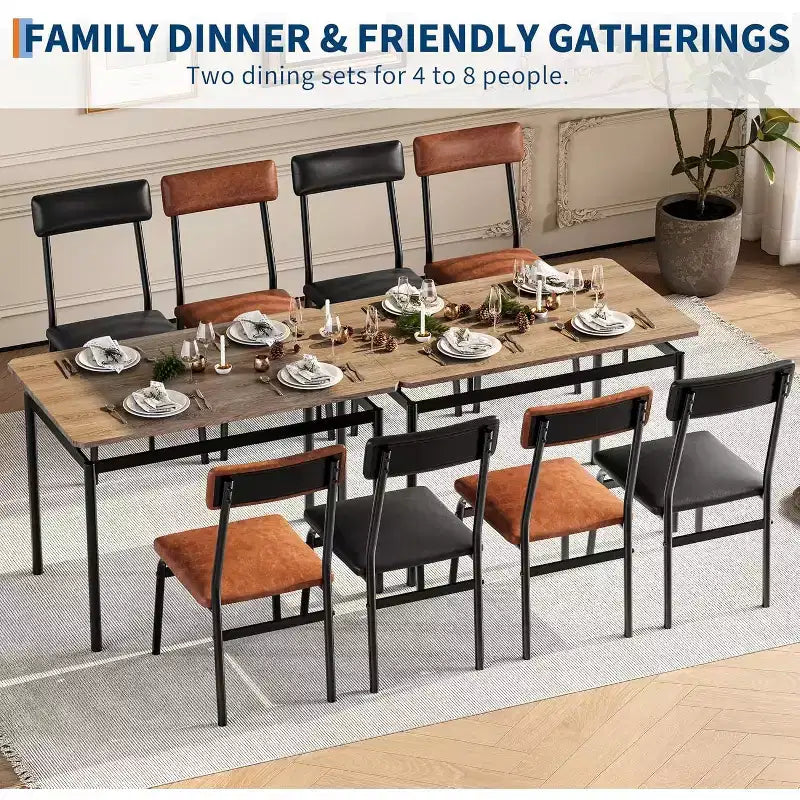 Ensemble de table à manger 5 pièces, table de cuisine en bois marron avec 4 chaises rembourrées en PU, dinette à cadre métallique peu encombrant, pour salle à manger