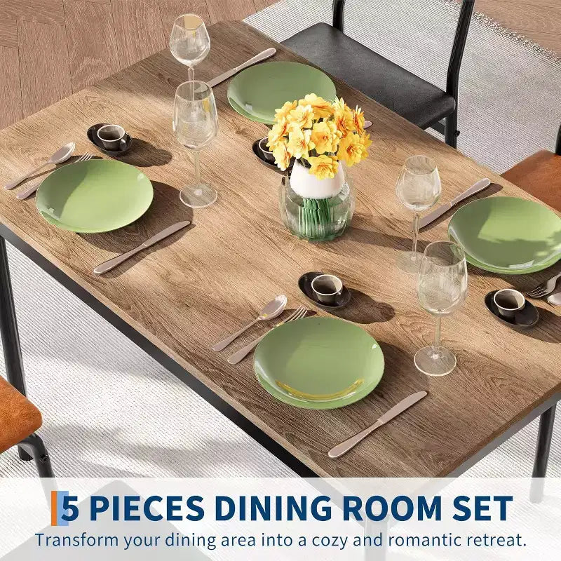 Ensemble de table à manger 5 pièces, table de cuisine en bois marron avec 4 chaises rembourrées en PU, dinette à cadre métallique peu encombrant, pour salle à manger
