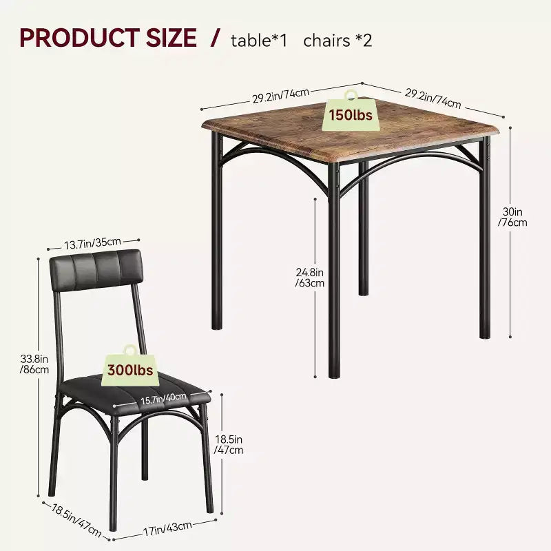 Ensemble de salle à manger carré rustique moderne, table 74,2 cm L x 76,5 cm H, chaises 85,6 cm x 46,7 cm x 43,2 cm, 2 personnes, métal et MDF, montage facile, peu encombrant