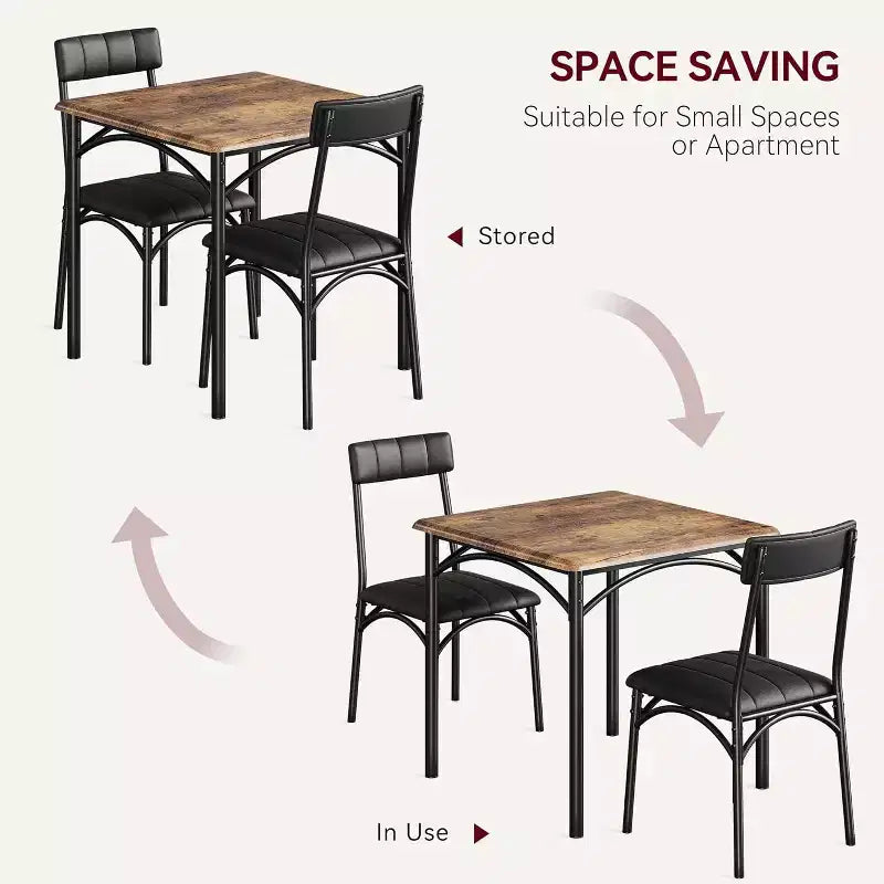 Ensemble de salle à manger carré rustique moderne, table 74,2 cm L x 76,5 cm H, chaises 85,6 cm x 46,7 cm x 43,2 cm, 2 personnes, métal et MDF, montage facile, peu encombrant