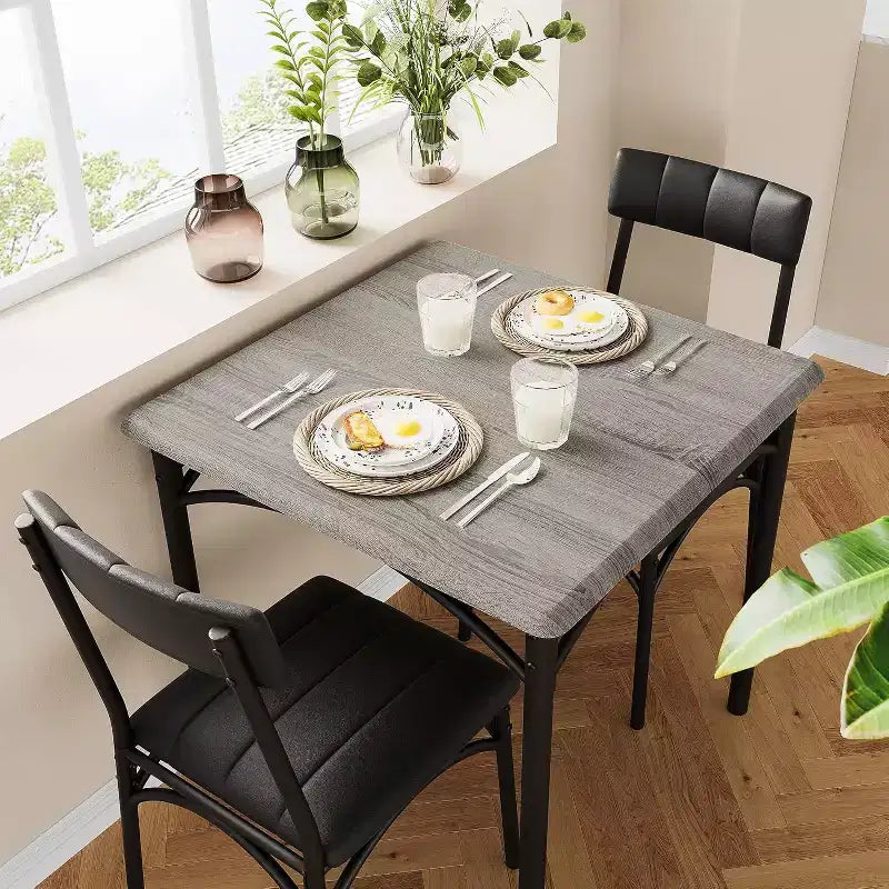 Ensemble de salle à manger carré rustique moderne, table 74,2 cm L x 76,5 cm H, chaises 85,6 cm x 46,7 cm x 43,2 cm, 2 personnes, métal et MDF, montage facile, peu encombrant