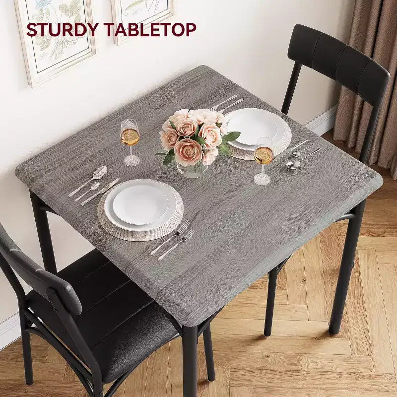 Ensemble de salle à manger carré rustique moderne, table 74,2 cm L x 76,5 cm H, chaises 85,6 cm x 46,7 cm x 43,2 cm, 2 personnes, métal et MDF, montage facile, peu encombrant