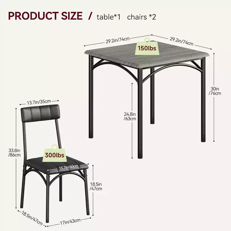 Ensemble de salle à manger carré rustique moderne, table 74,2 cm L x 76,5 cm H, chaises 85,6 cm x 46,7 cm x 43,2 cm, 2 personnes, métal et MDF, montage facile, peu encombrant
