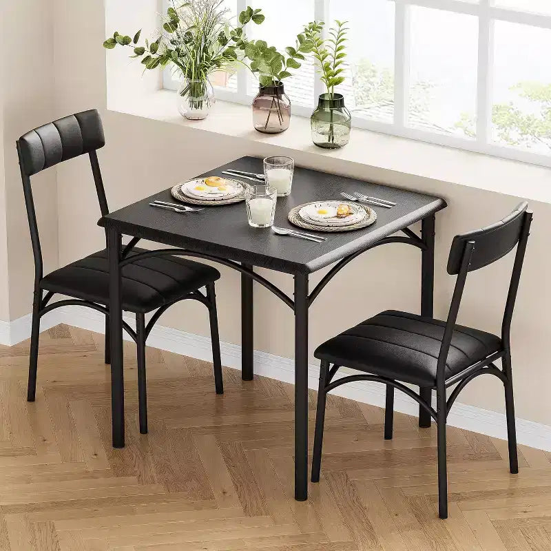 Ensemble de salle à manger carré rustique moderne, table 74,2 cm L x 76,5 cm H, chaises 85,6 cm x 46,7 cm x 43,2 cm, 2 personnes, métal et MDF, montage facile, peu encombrant