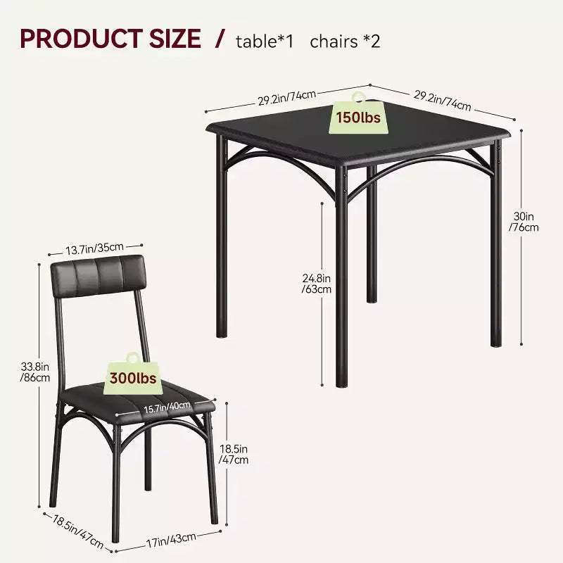 Ensemble de salle à manger carré rustique moderne, table 74,2 cm L x 76,5 cm H, chaises 85,6 cm x 46,7 cm x 43,2 cm, 2 personnes, métal et MDF, montage facile, peu encombrant