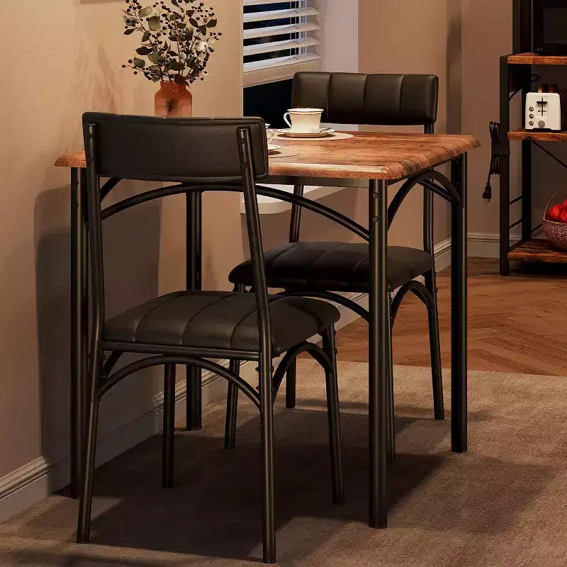 Ensemble de salle à manger carré rustique moderne, table 74,2 cm L x 76,5 cm H, chaises 85,6 cm x 46,7 cm x 43,2 cm, 2 personnes, métal et MDF, montage facile, peu encombrant