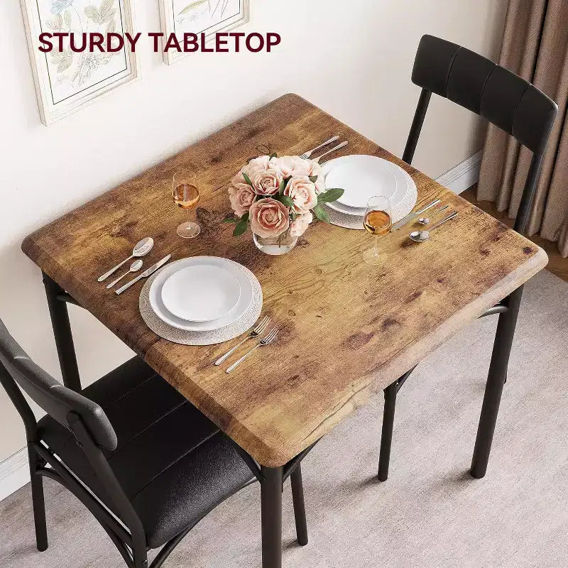 Ensemble de salle à manger carré rustique moderne, table 74,2 cm L x 76,5 cm H, chaises 85,6 cm x 46,7 cm x 43,2 cm, 2 personnes, métal et MDF, montage facile, peu encombrant