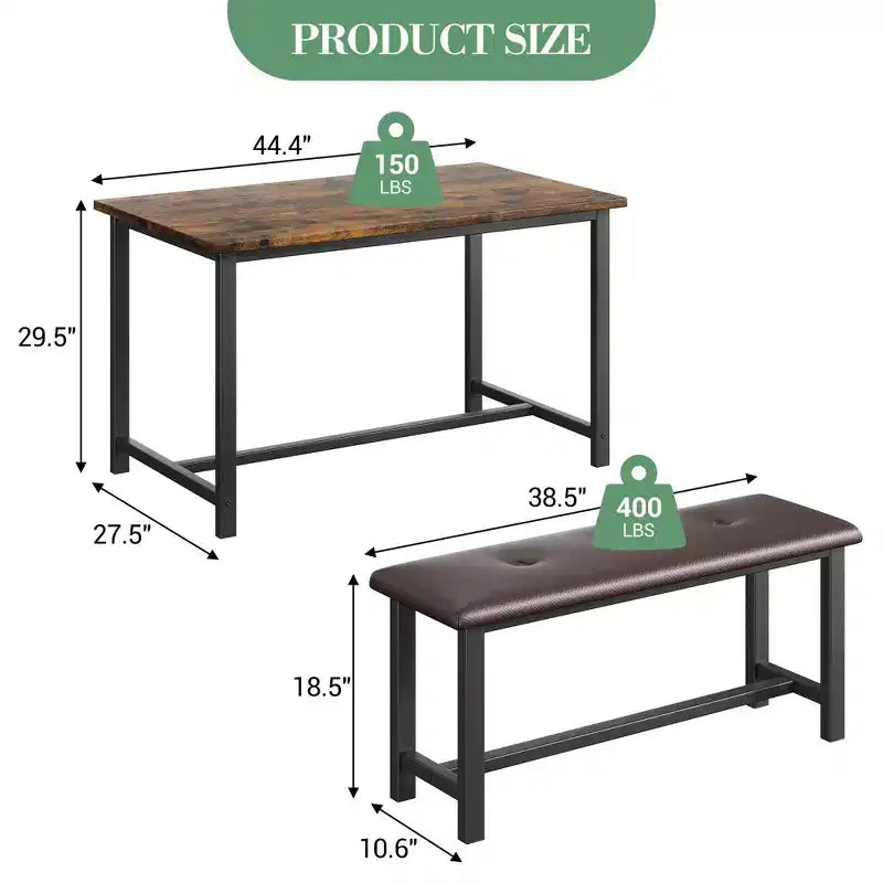 Ensemble de salle à manger 3 pièces pour 4 personnes, table de cuisine de 112 cm avec 2 bancs, ensemble de table de cuisine rectangulaire en bois, table de petit-déjeuner peu encombrante, noir