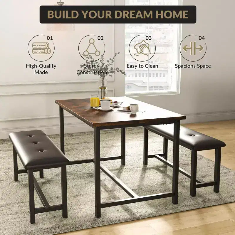 Ensemble de salle à manger 3 pièces pour 4 personnes, table de cuisine de 112 cm avec 2 bancs, ensemble de table de cuisine rectangulaire en bois, table de petit-déjeuner peu encombrante, noir