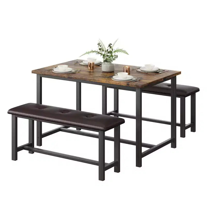 Ensemble de salle à manger 3 pièces pour 4 personnes, table de cuisine de 112 cm avec 2 bancs, ensemble de table de cuisine rectangulaire en bois, table de petit-déjeuner peu encombrante, noir