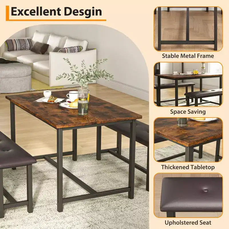 Ensemble de salle à manger 3 pièces pour 4 personnes, table de cuisine de 112 cm avec 2 bancs, ensemble de table de cuisine rectangulaire en bois, table de petit-déjeuner peu encombrante, noir