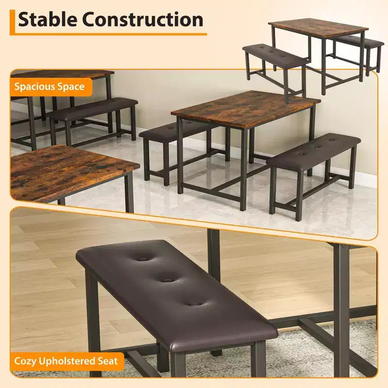 Ensemble de salle à manger 3 pièces pour 4 personnes, table de cuisine de 112 cm avec 2 bancs, ensemble de table de cuisine rectangulaire en bois, table de petit-déjeuner peu encombrante, noir