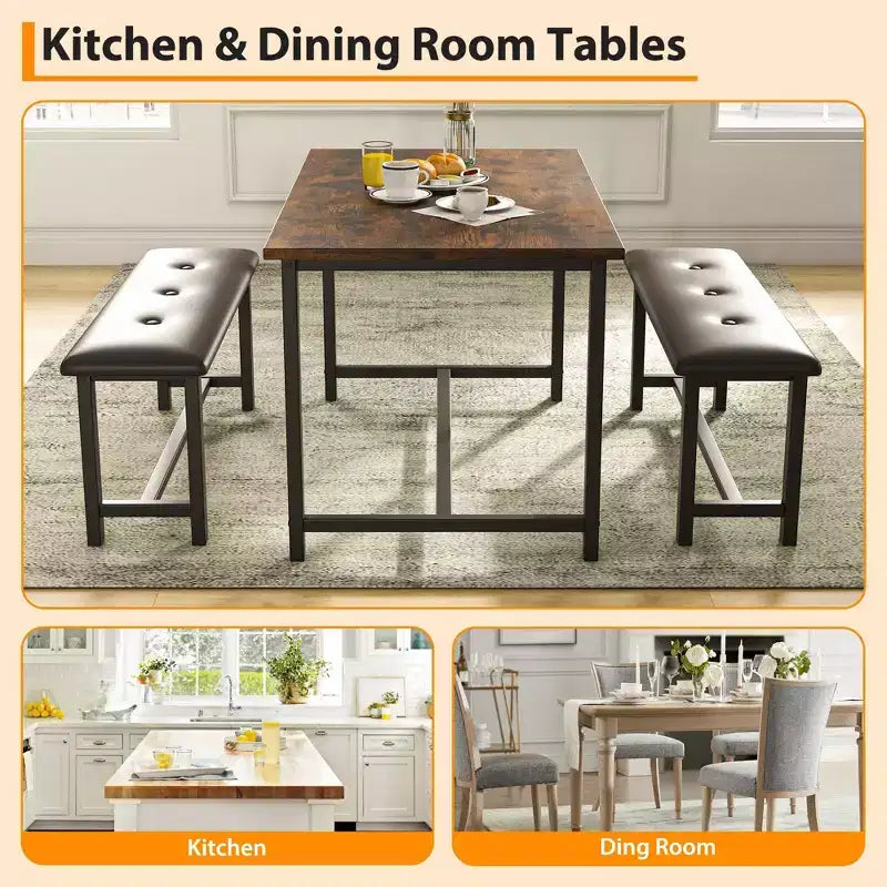Ensemble de salle à manger 3 pièces pour 4 personnes, table de cuisine de 112 cm avec 2 bancs, ensemble de table de cuisine rectangulaire en bois, table de petit-déjeuner peu encombrante, noir