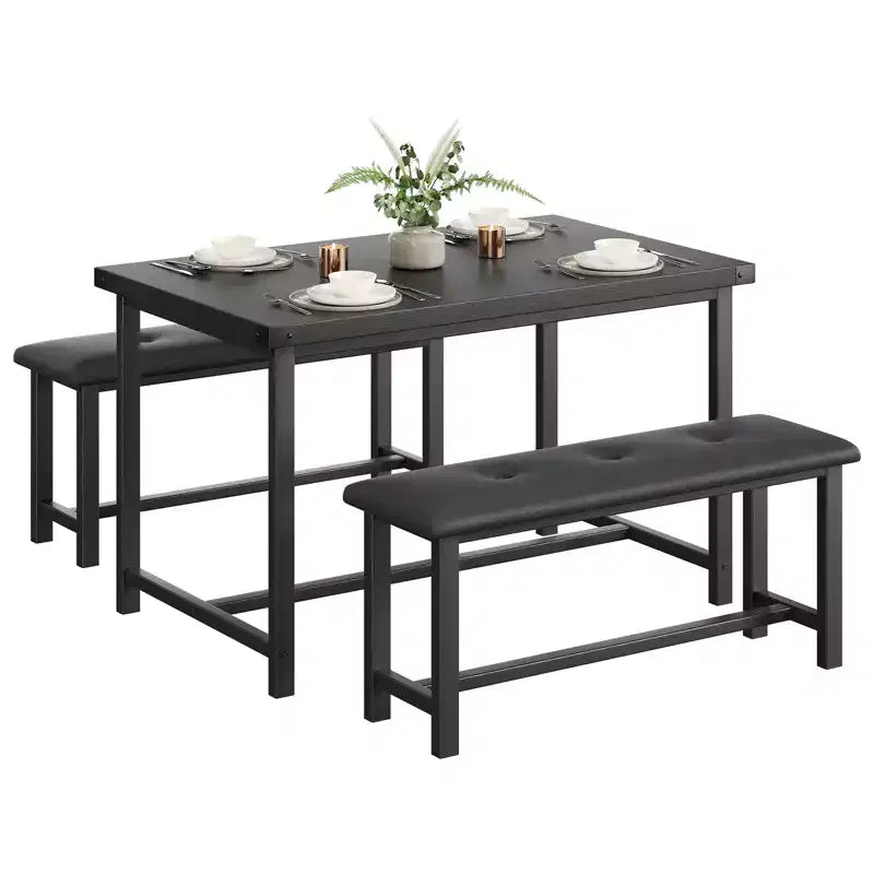 Ensemble de salle à manger 3 pièces pour 4 personnes, table de cuisine de 112 cm avec 2 bancs, ensemble de table de cuisine rectangulaire en bois, table de petit-déjeuner peu encombrante, noir