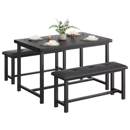 Ensemble de salle à manger 3 pièces pour 4 personnes, table de cuisine de 112 cm avec 2 bancs, ensemble de table de cuisine rectangulaire en bois, table de petit-déjeuner peu encombrante, noir