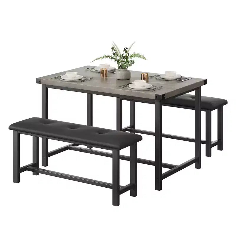 Ensemble de salle à manger 3 pièces pour 4 personnes, table de cuisine de 112 cm avec 2 bancs, ensemble de table de cuisine rectangulaire en bois, table de petit-déjeuner peu encombrante, noir