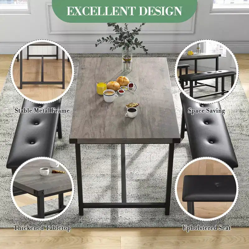 Ensemble de salle à manger 3 pièces pour 4 personnes, table de cuisine de 112 cm avec 2 bancs, ensemble de table de cuisine rectangulaire en bois, table de petit-déjeuner peu encombrante, noir