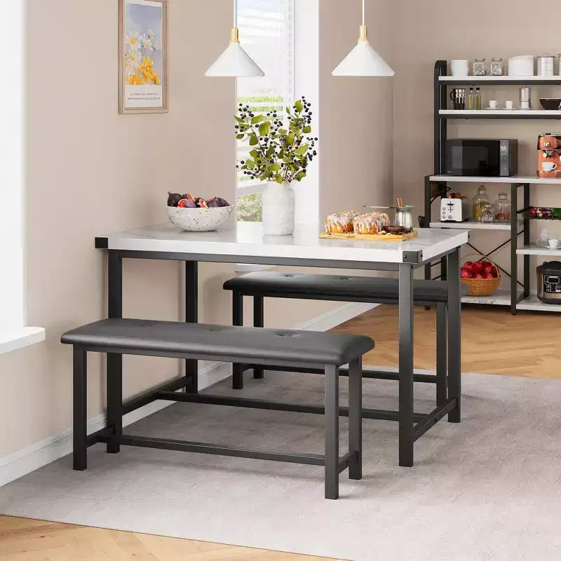 Ensemble de salle à manger 3 pièces pour 4 personnes, table de cuisine de 112 cm avec 2 bancs, ensemble de table de cuisine rectangulaire en bois, table de petit-déjeuner peu encombrante, noir
