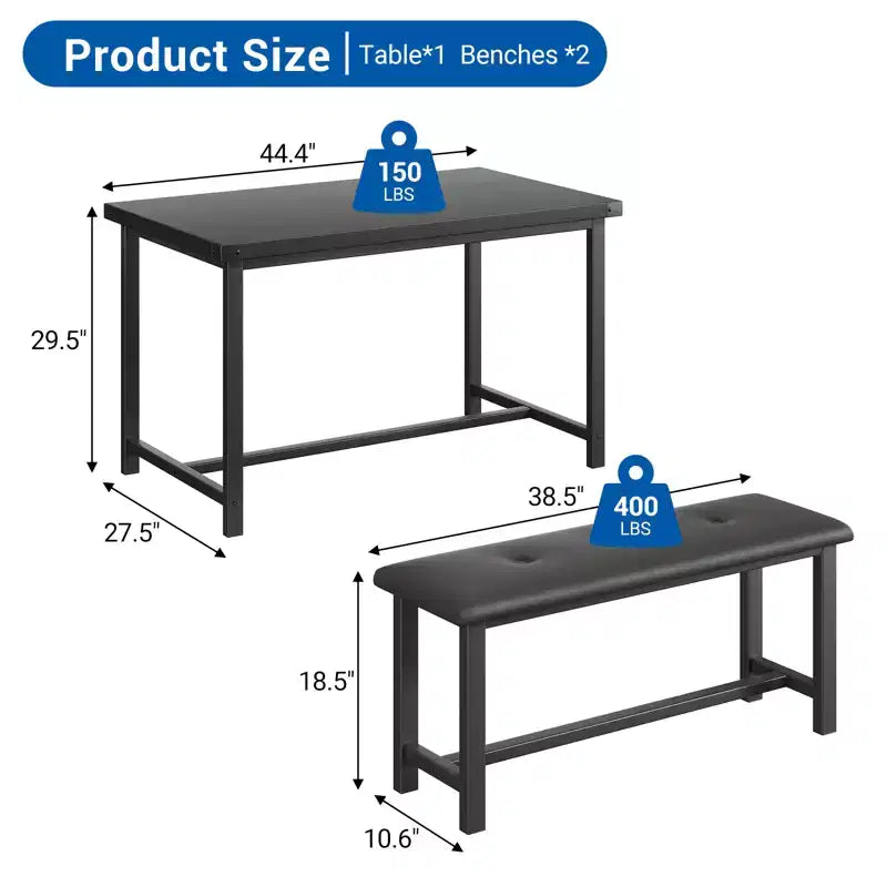 Ensemble de salle à manger 3 pièces pour 4 personnes, table de cuisine de 112 cm avec 2 bancs, ensemble de table de cuisine rectangulaire en bois, table de petit-déjeuner peu encombrante, noir