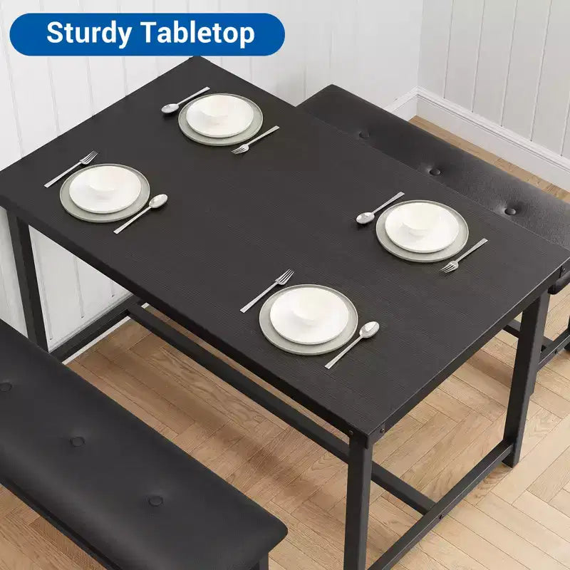 Ensemble de salle à manger 3 pièces pour 4 personnes, table de cuisine de 112 cm avec 2 bancs, ensemble de table de cuisine rectangulaire en bois, table de petit-déjeuner peu encombrante, noir