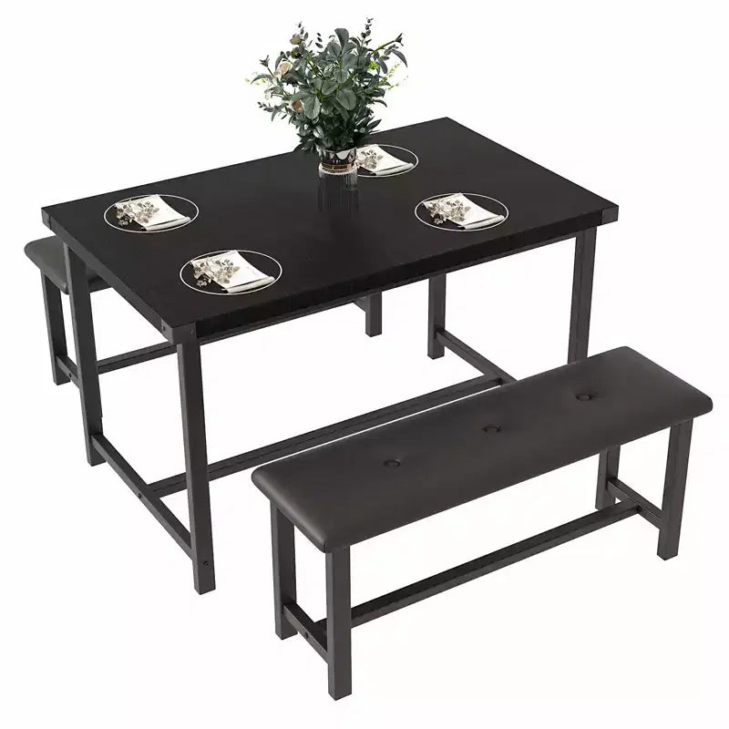 Ensemble de salle à manger 3 pièces pour 4 personnes, table de cuisine de 112 cm avec 2 bancs, ensemble de table de cuisine rectangulaire en bois, table de petit-déjeuner peu encombrante, noir