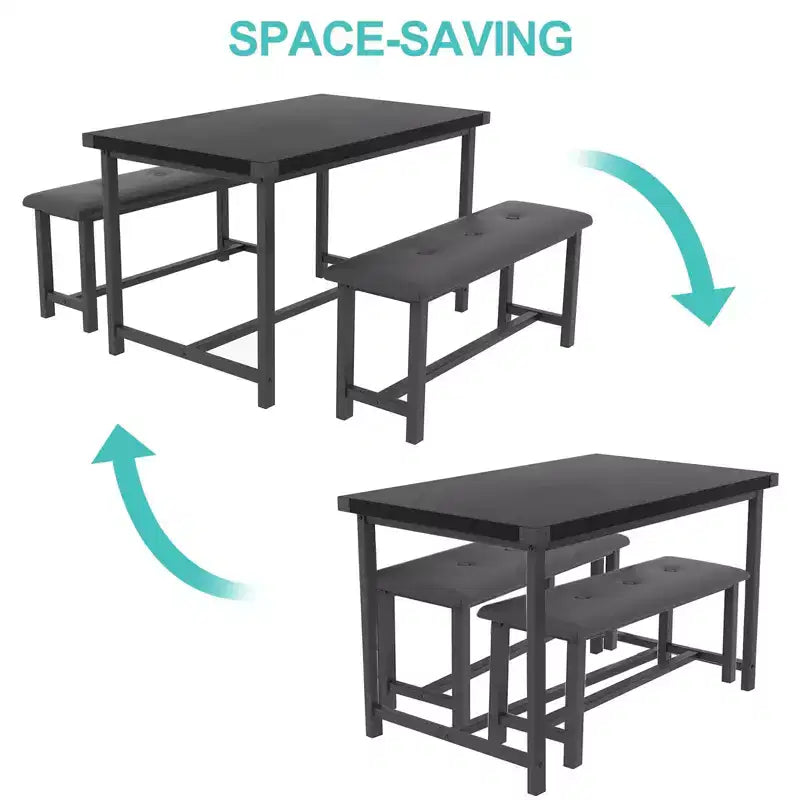 Ensemble de salle à manger 3 pièces pour 4 personnes, table de cuisine de 112 cm avec 2 bancs, ensemble de table de cuisine rectangulaire en bois, table de petit-déjeuner peu encombrante, noir