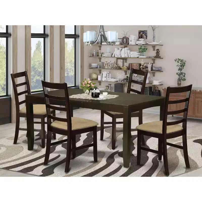 HomeStock Belmont Dining Room Set-Dining Table With Leaf And Dining Chairs, Cappuccino