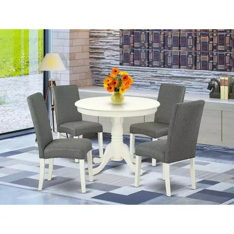 HomeStock Belmont 5Pc Round 36 Table And 4 Parson Chair With Linen White Finish Leg And Linen Fabric- Gray Color