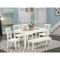 HomeStock Belmont 6PC Rectangular 60 inch Table and 4 vertical slatted Chairs plus 1 bench, Linen White