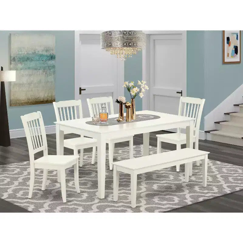 HomeStock Belmont 6PC Rectangular 60 inch Table and 4 vertical slatted Chairs plus 1 bench, Linen White