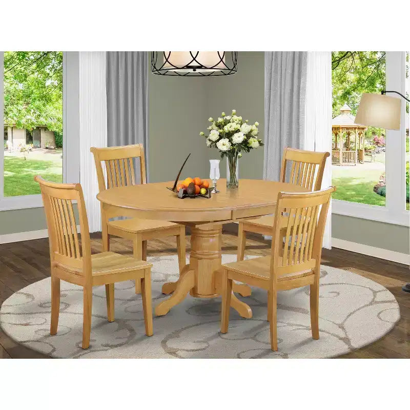HomeStock Belmont 5 Pc Dining set with a Kitchen Table and 4 Wood Seat Kitchen Chairs in Oak