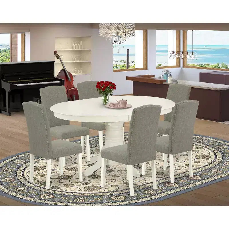 HomeStock Belmont 7Pc Oval 42/60 Dinette Table With 18 In Butterfly Leaf And 6 Parson Chair With Linen White Leg And Linen Fabric Dark Shitake