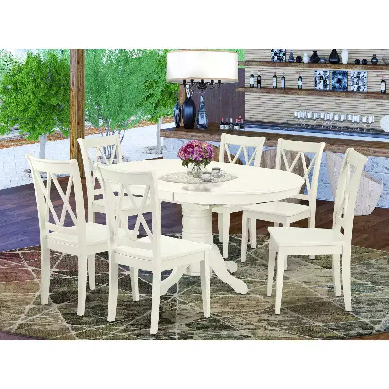 HomeStock Belmont 7PC Oval 42/60 inch Table with 18 In Leaf and 6 Double X back Chairs, Linen White